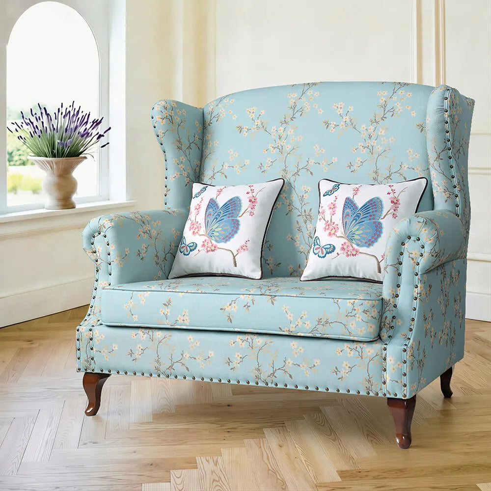 Floral Wing Chair Series With Nailhead Trim and Vintage Wood Legs