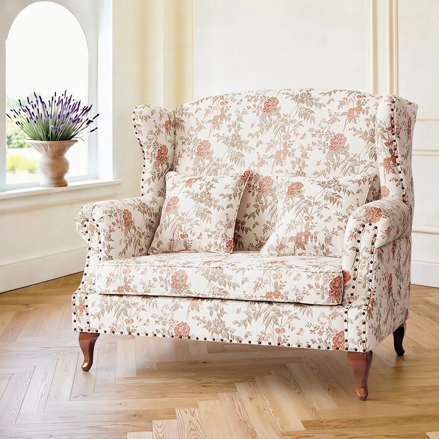 Floral Wing Chair Series With Nailhead Trim and Vintage Wood Legs