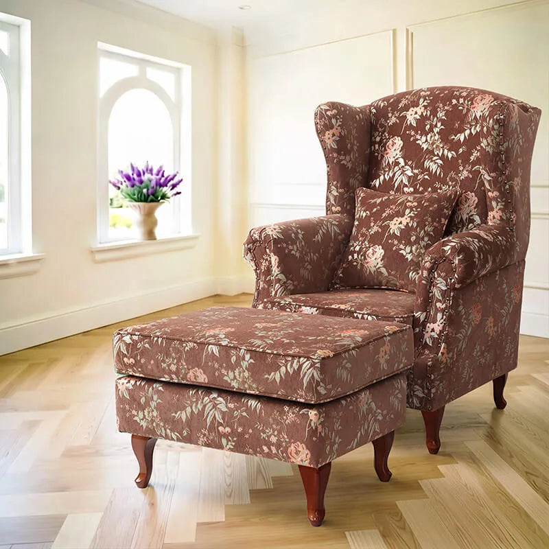 Floral Wing Chair Series With Nailhead Trim and Vintage Wood Legs