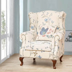 Floral Wing Chair Series With Nailhead Trim and Vintage Wood Legs