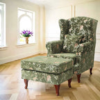 Floral Wing Chair Series With Nailhead Trim and Vintage Wood Legs