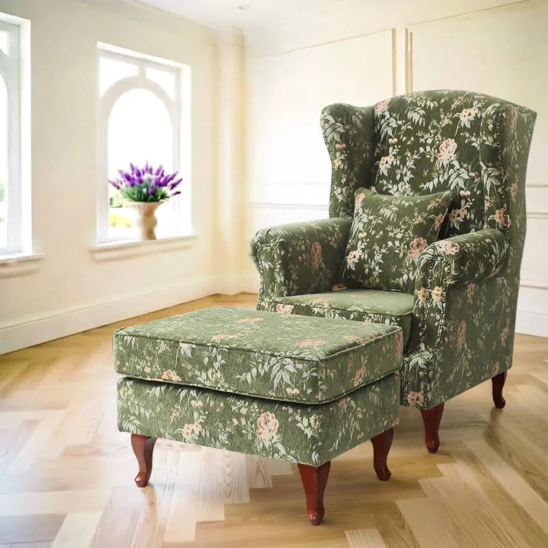 Floral Wing Chair Series With Nailhead Trim and Vintage Wood Legs