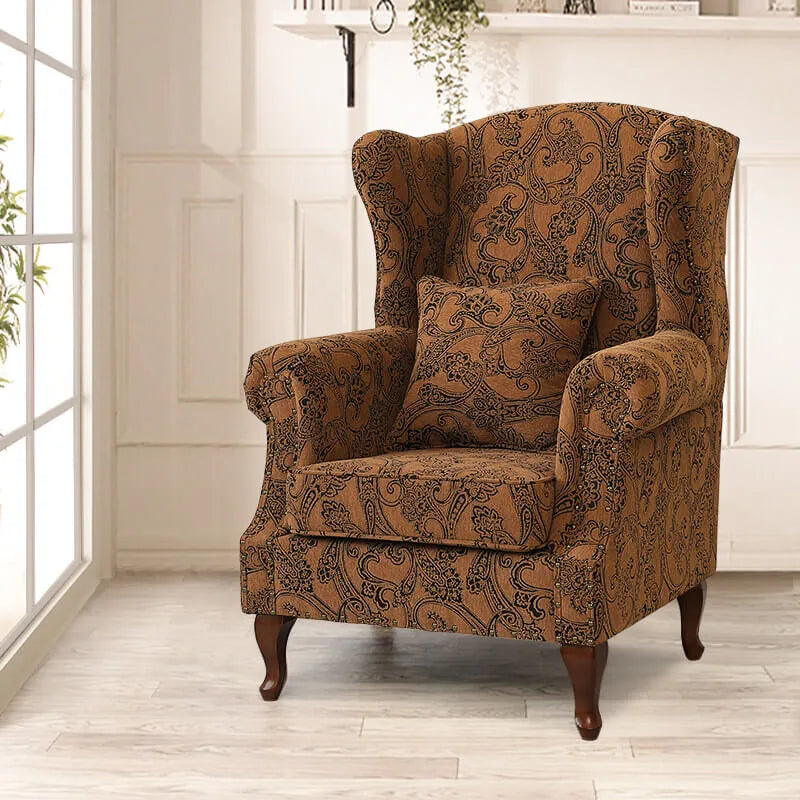 Floral Wing Chair Series With Nailhead Trim and Vintage Wood Legs
