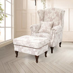 Floral Wing Chair Series With Nailhead Trim and Vintage Wood Legs