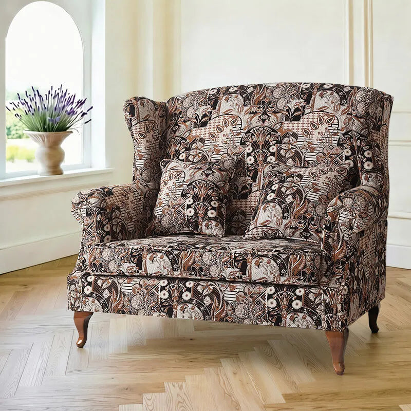 Floral Wing Chair Series With Nailhead Trim and Vintage Wood Legs