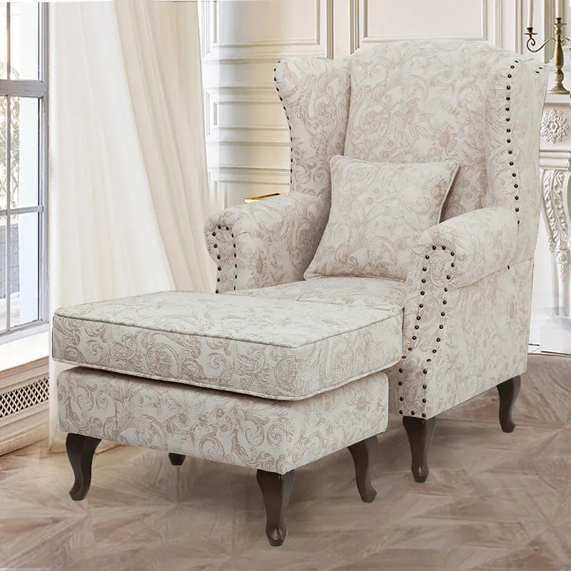 Floral Wing Chair Series With Nailhead Trim and Vintage Wood Legs