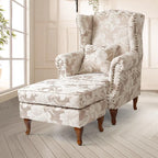 Floral Wing Chair Series With Nailhead Trim and Vintage Wood Legs