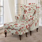 Floral Wing Chair Series With Nailhead Trim and Vintage Wood Legs