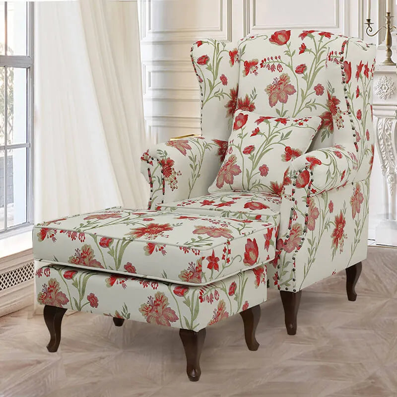 Floral Wing Chair Series With Nailhead Trim and Vintage Wood Legs