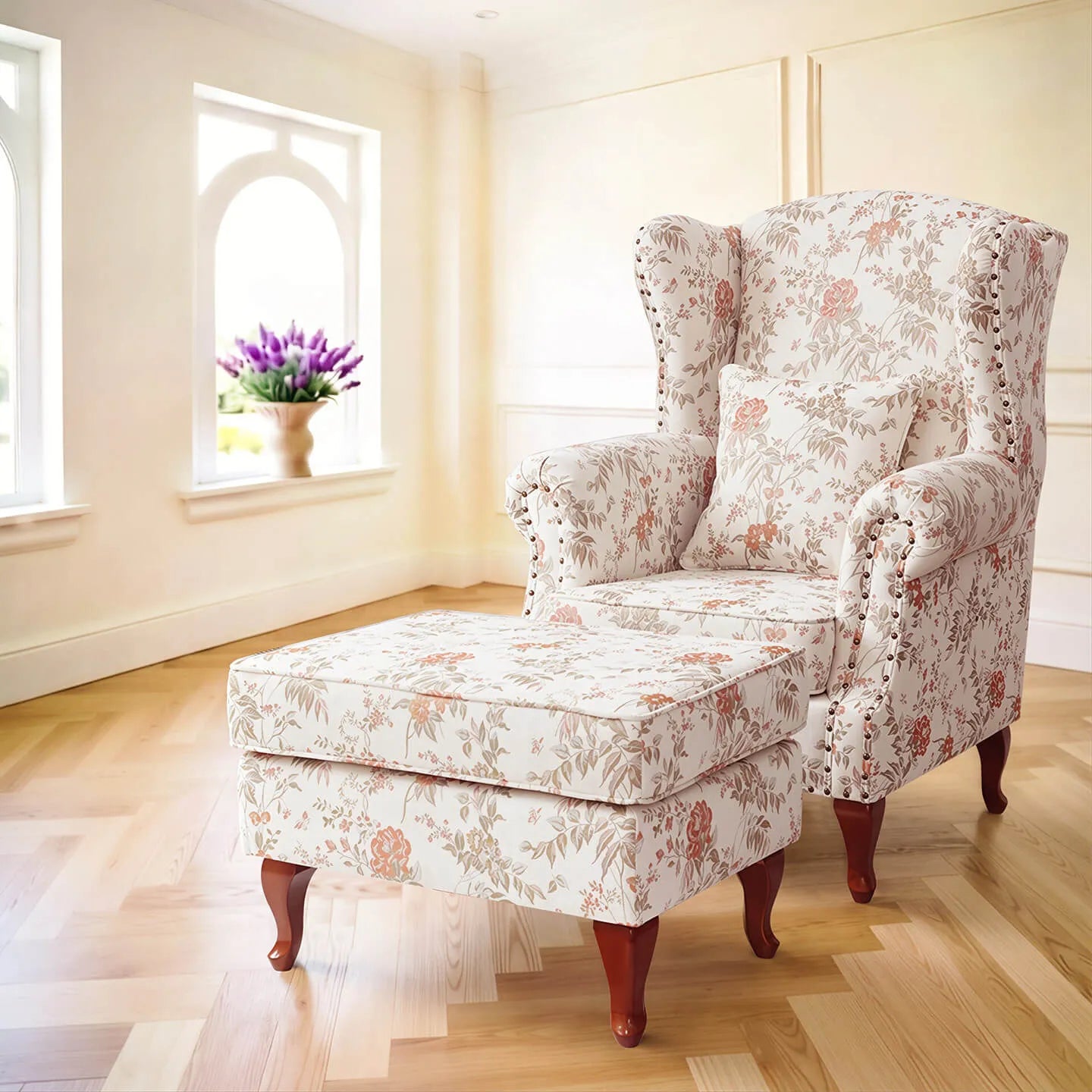 Floral Wing Chair Series With Nailhead Trim and Vintage Wood Legs