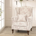 Floral Wing Chair Series With Nailhead Trim and Vintage Wood Legs