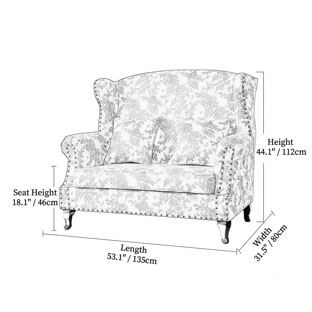 Floral Wing Chair Series With Nailhead Trim and Vintage Wood Legs Dimensions