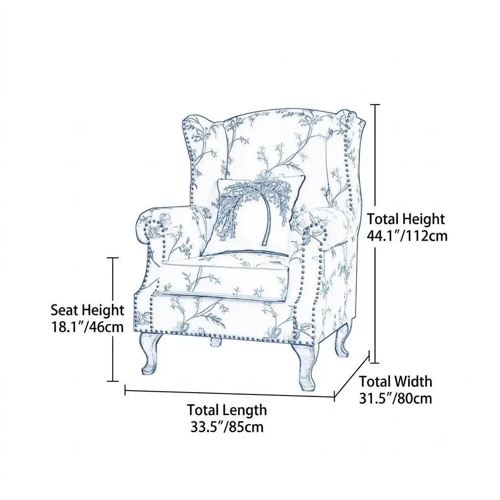 Floral Wing Chair Series With Nailhead Trim and Vintage Wood Legs Dimensions
