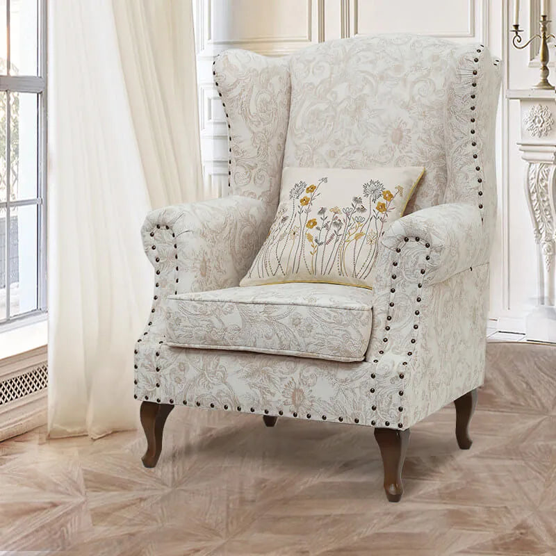 Floral Wing Chair Series With Nailhead Trim and Vintage Wood Legs Main Product Image