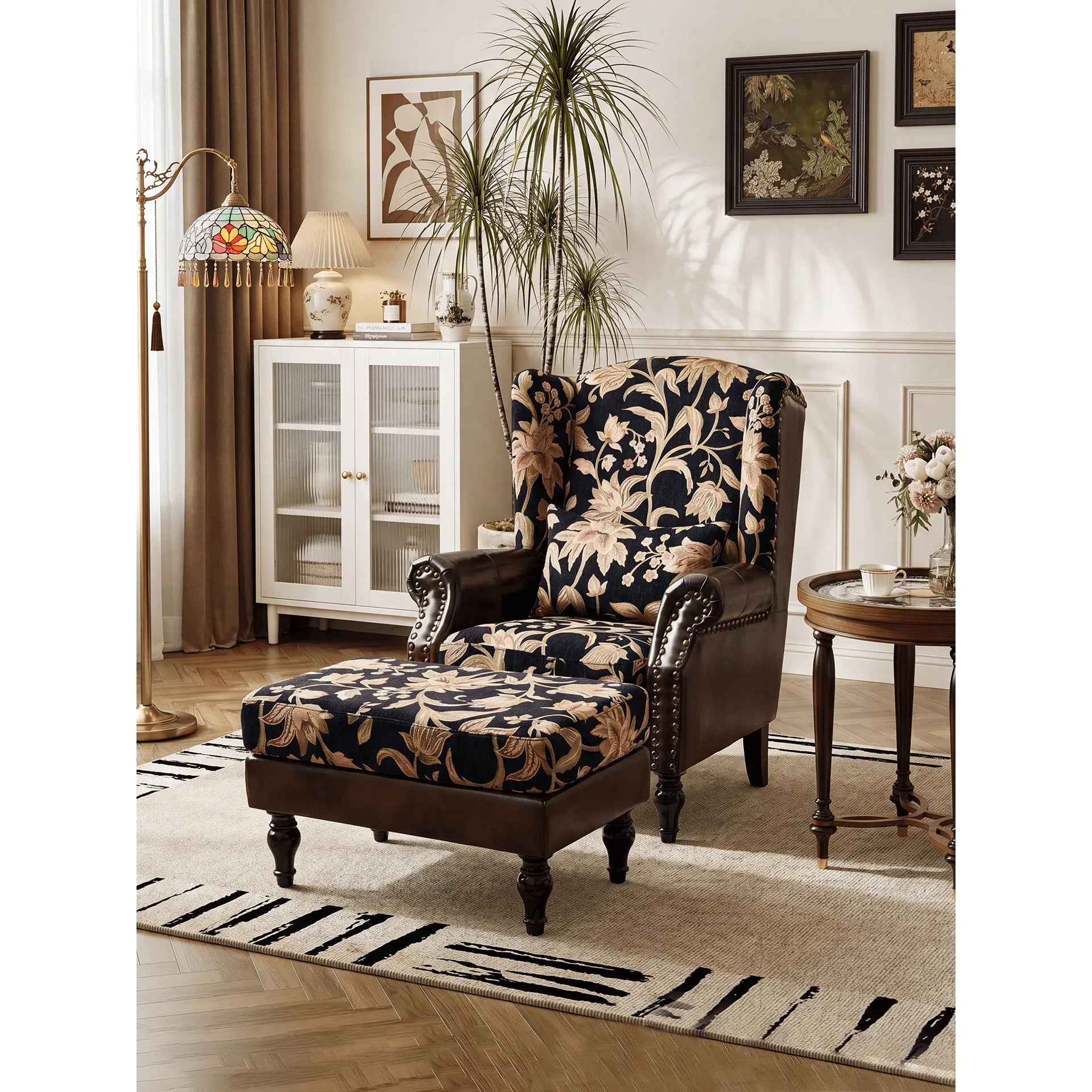 Floral Wingback Chair and Ottoman Set, Vintage Jacquard Accent Lounge