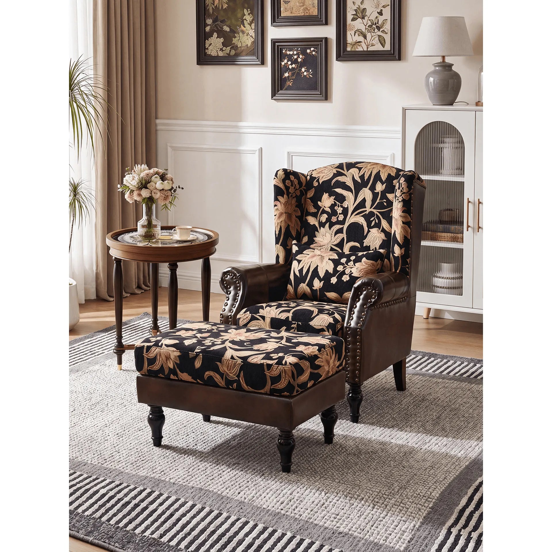 Floral Wingback Chair and Ottoman Set, Vintage Jacquard Accent Lounge