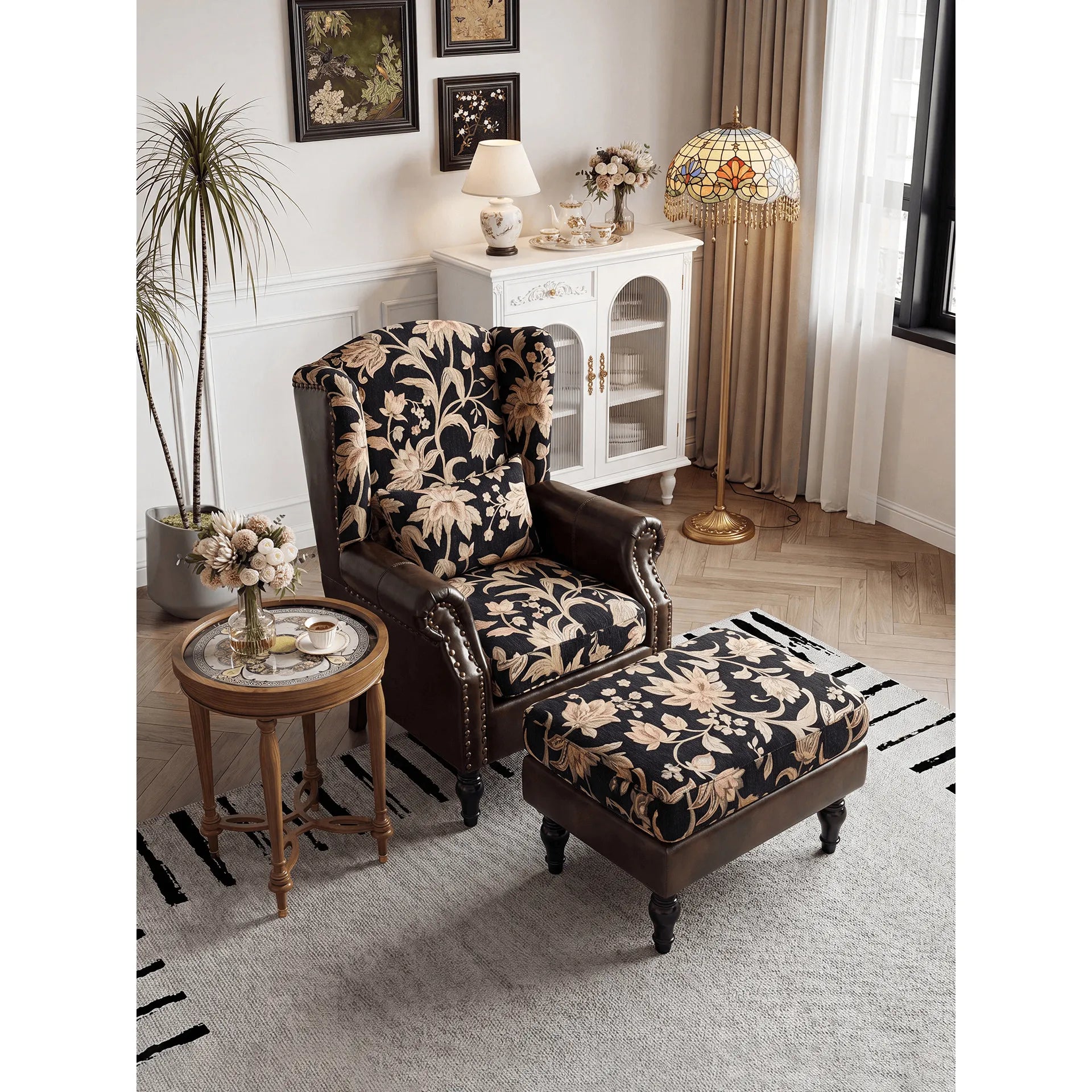 Floral Wingback Chair and Ottoman Set, Vintage Jacquard Accent Lounge Secondary image