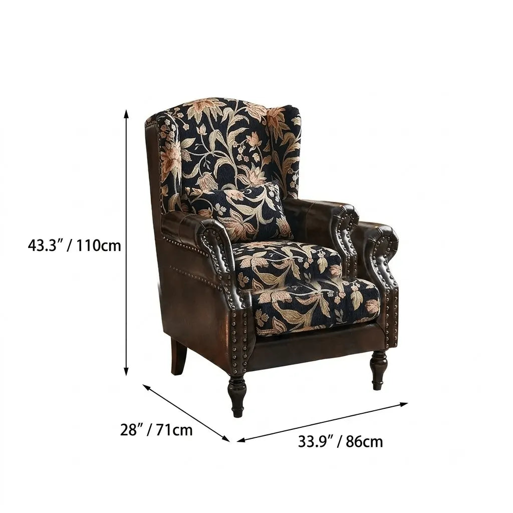 Floral Wingback Chair and Ottoman Set, Vintage Jacquard Accent Lounge Dimensions