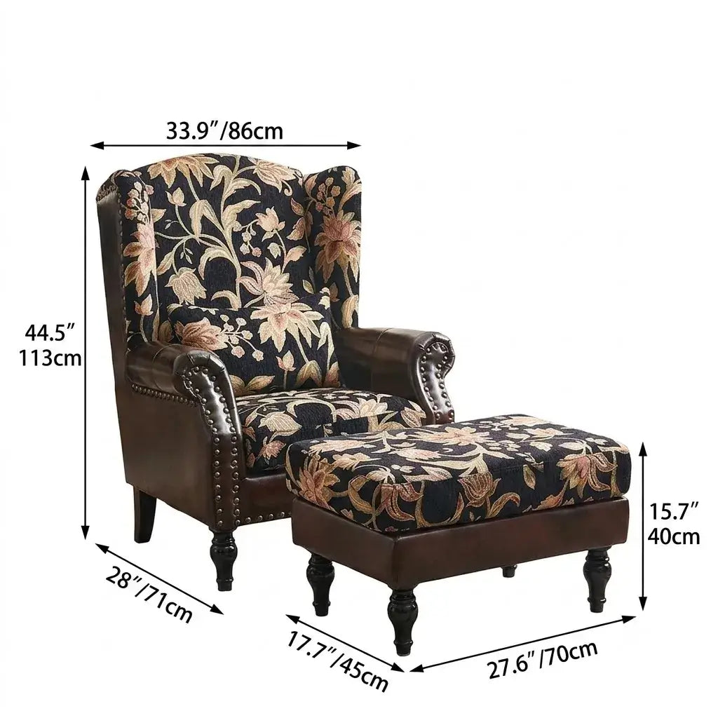 Floral Wingback Chair and Ottoman Set, Vintage Jacquard Accent Lounge Dimensions
