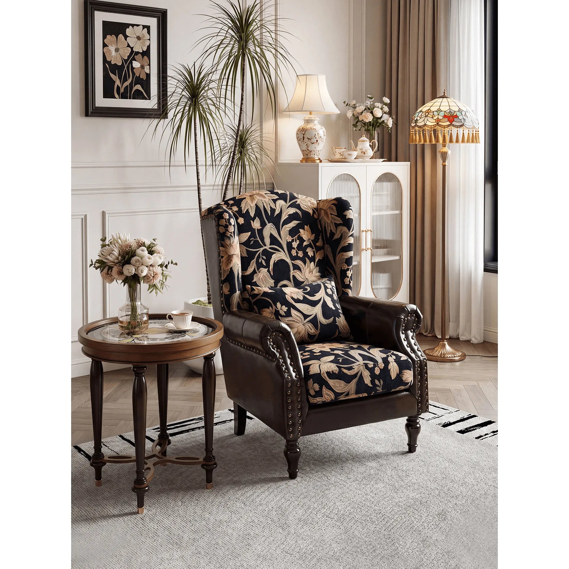 Floral Wingback Chair and Ottoman Set, Vintage Jacquard Accent Lounge Main Product Image Main image