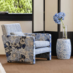 Floral Woven Accent Armchair With Sculptural Silhouette and Rustic Pine Frame
