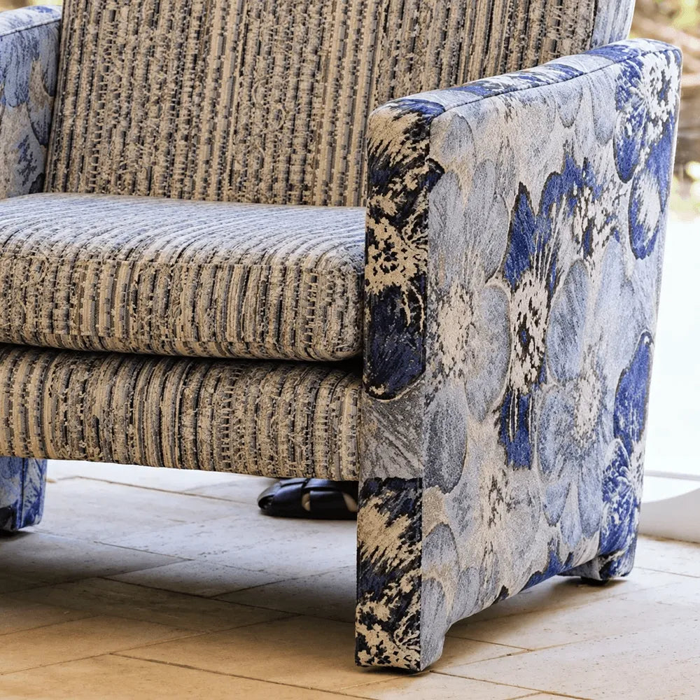 Floral Woven Accent Armchair With Sculptural Silhouette and Rustic Pine Frame