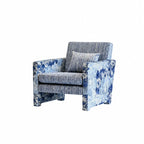 Floral Woven Accent Armchair With Sculptural Silhouette and Rustic Pine Frame
