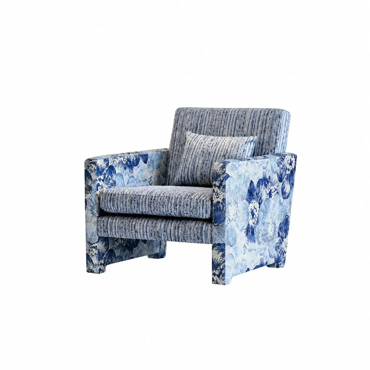 Floral Woven Accent Armchair With Sculptural Silhouette and Rustic Pine Frame