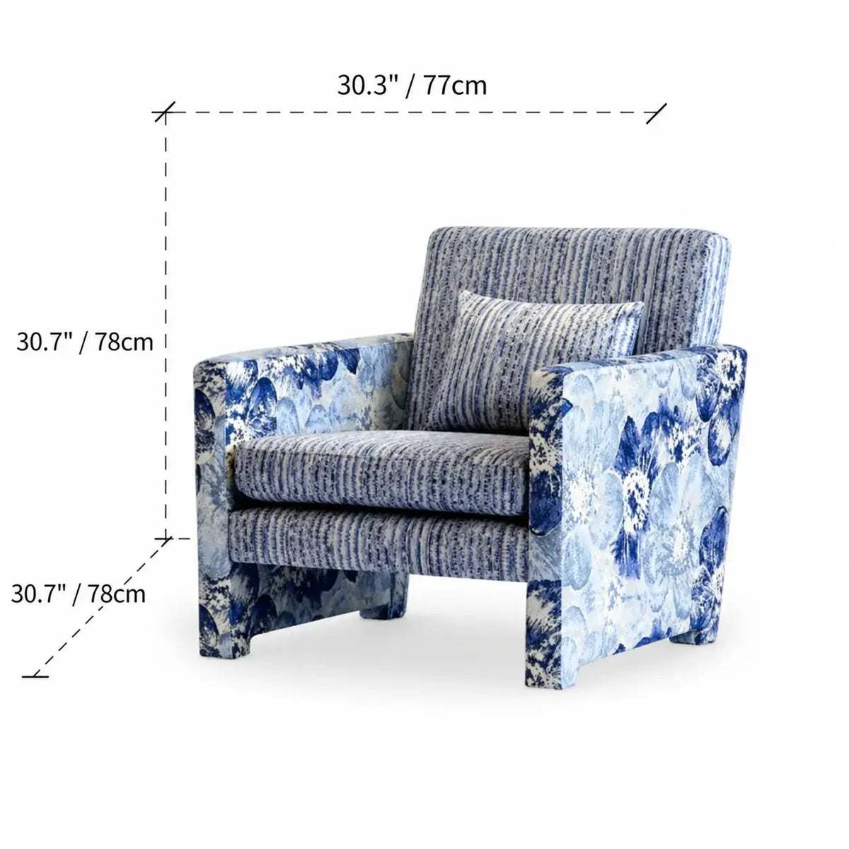 Floral Woven Accent Armchair With Sculptural Silhouette and Rustic Pine Frame Dimensions