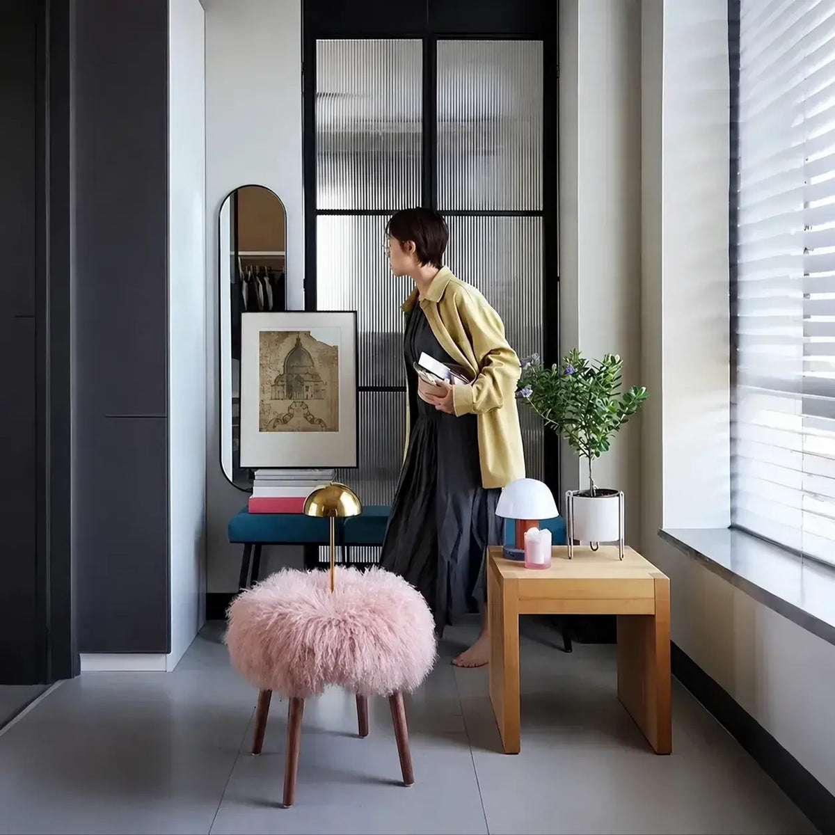 Fluffy Cloud-Form Slipper Stool with Warm Wood Legs for Bedroom Nooks