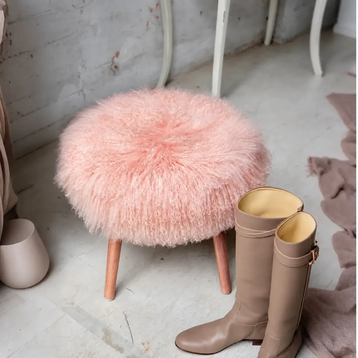 Fluffy Cloud-Form Slipper Stool with Warm Wood Legs for Bedroom Nooks Main Product Image