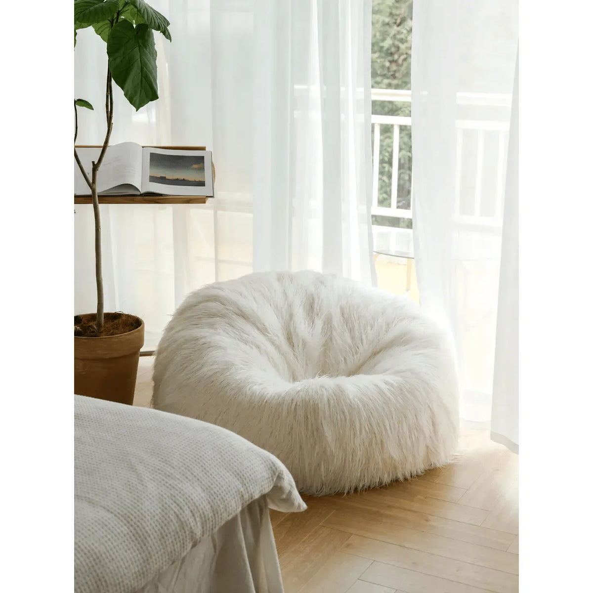 Fluffy Curly Pile Bean Bag Lounge Chair for Creamy Minimalist Spaces