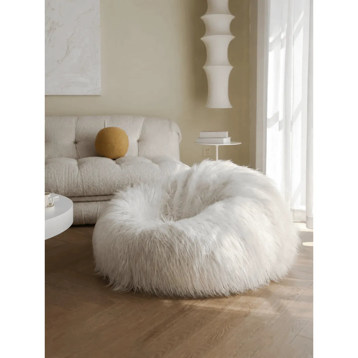 Fluffy Curly Pile Bean Bag Lounge Chair for Creamy Minimalist Spaces Main Product Image