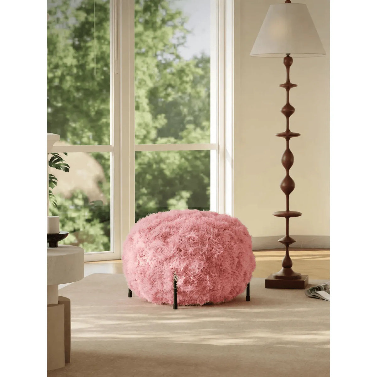 Fluffy Drum Vanity Stool and Slipper Stool with Metal Legs, Patterned Upholstery Series Main Product Image Main image