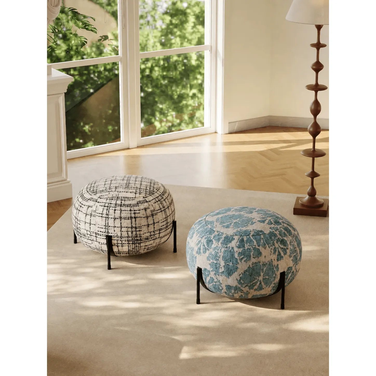 Fluffy Drum Vanity Stool and Slipper Stool with Metal Legs, Patterned Upholstery Series Secondary image