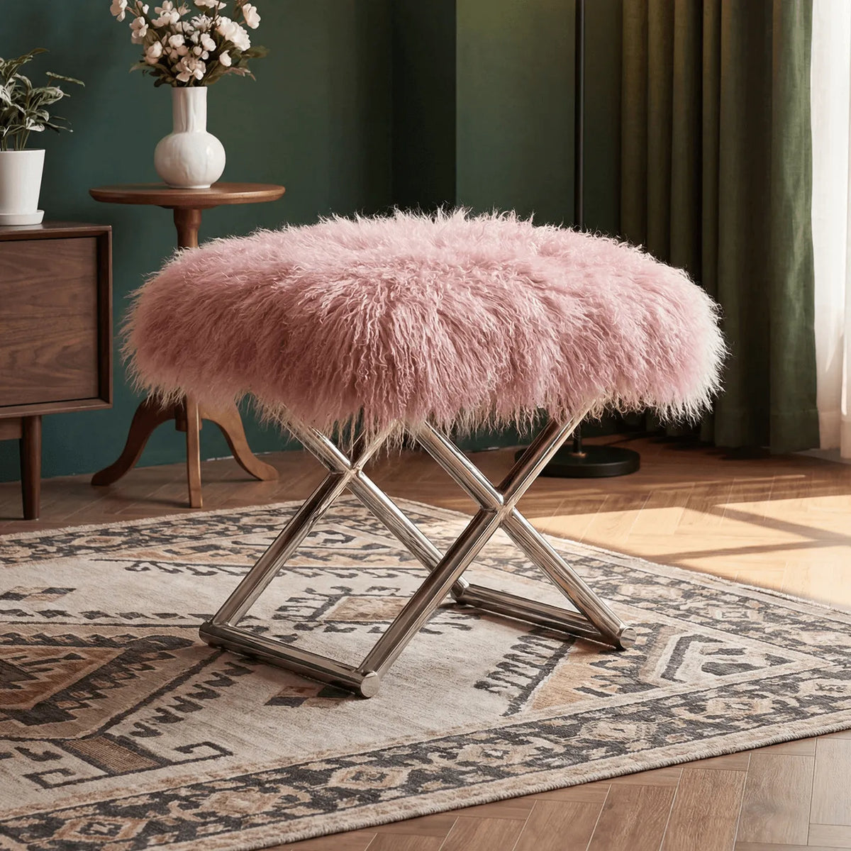 Fluffy Faux Shearling Vanity Stool and Slipper Stool With Sculptural Steel Base Main Product Image
