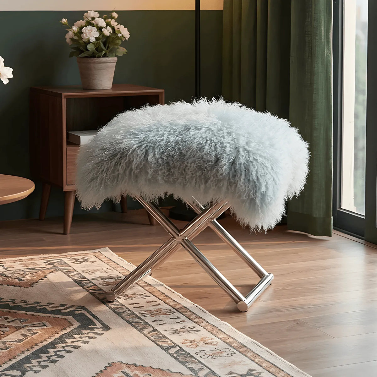 Fluffy Faux Shearling Vanity Stool and Slipper Stool With Sculptural Steel Base