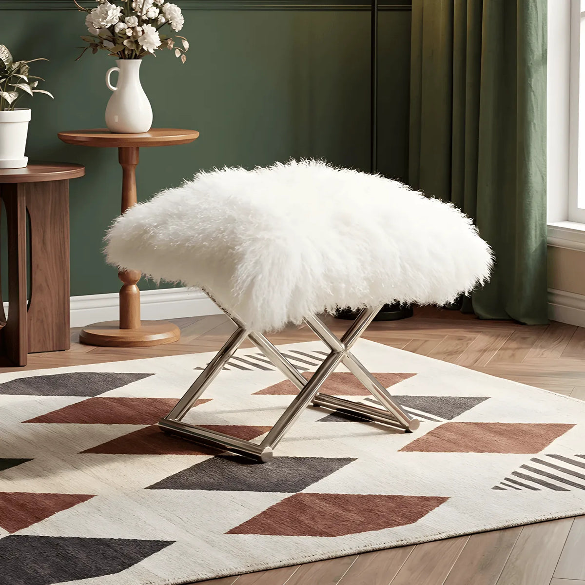 Fluffy Faux Shearling Vanity Stool and Slipper Stool With Sculptural Steel Base