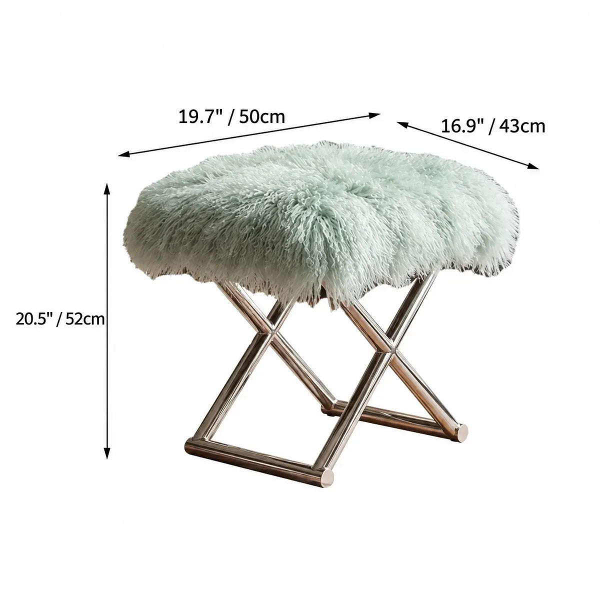 Fluffy Faux Shearling Vanity Stool and Slipper Stool With Sculptural Steel Base Dimensions