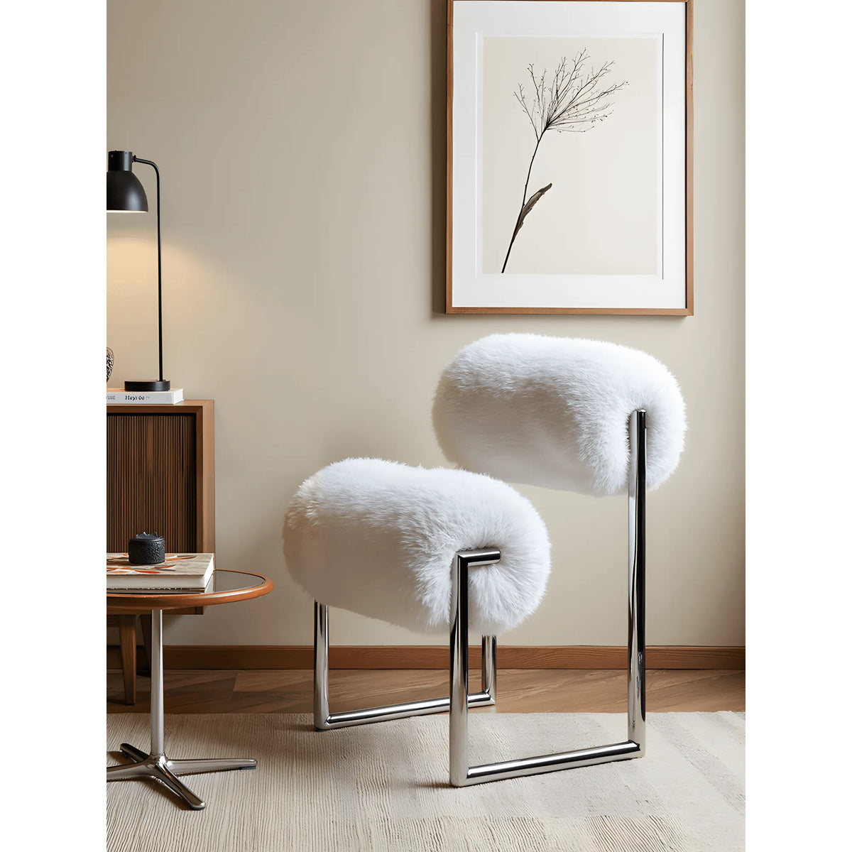 Fluffy White Accent Chair With Sculptural Bolster Form and Steel Frame