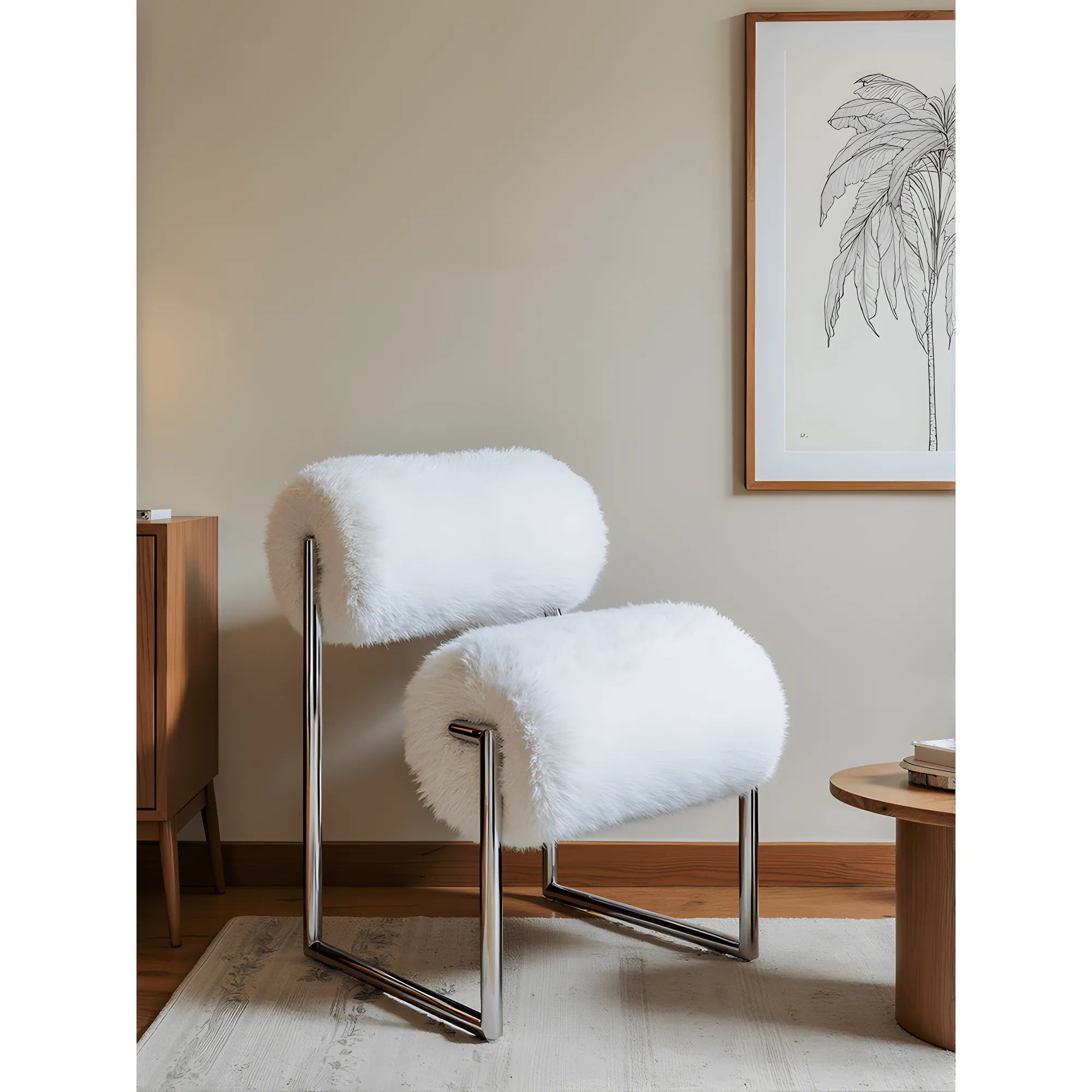 Fluffy White Accent Chair With Sculptural Bolster Form and Steel Frame Secondary image