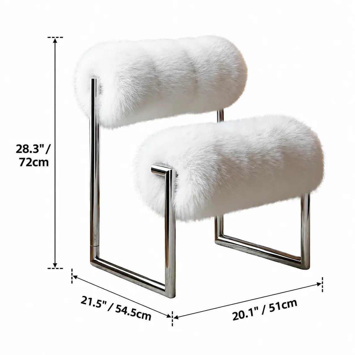 Fluffy White Accent Chair With Sculptural Bolster Form and Steel Frame Dimensions