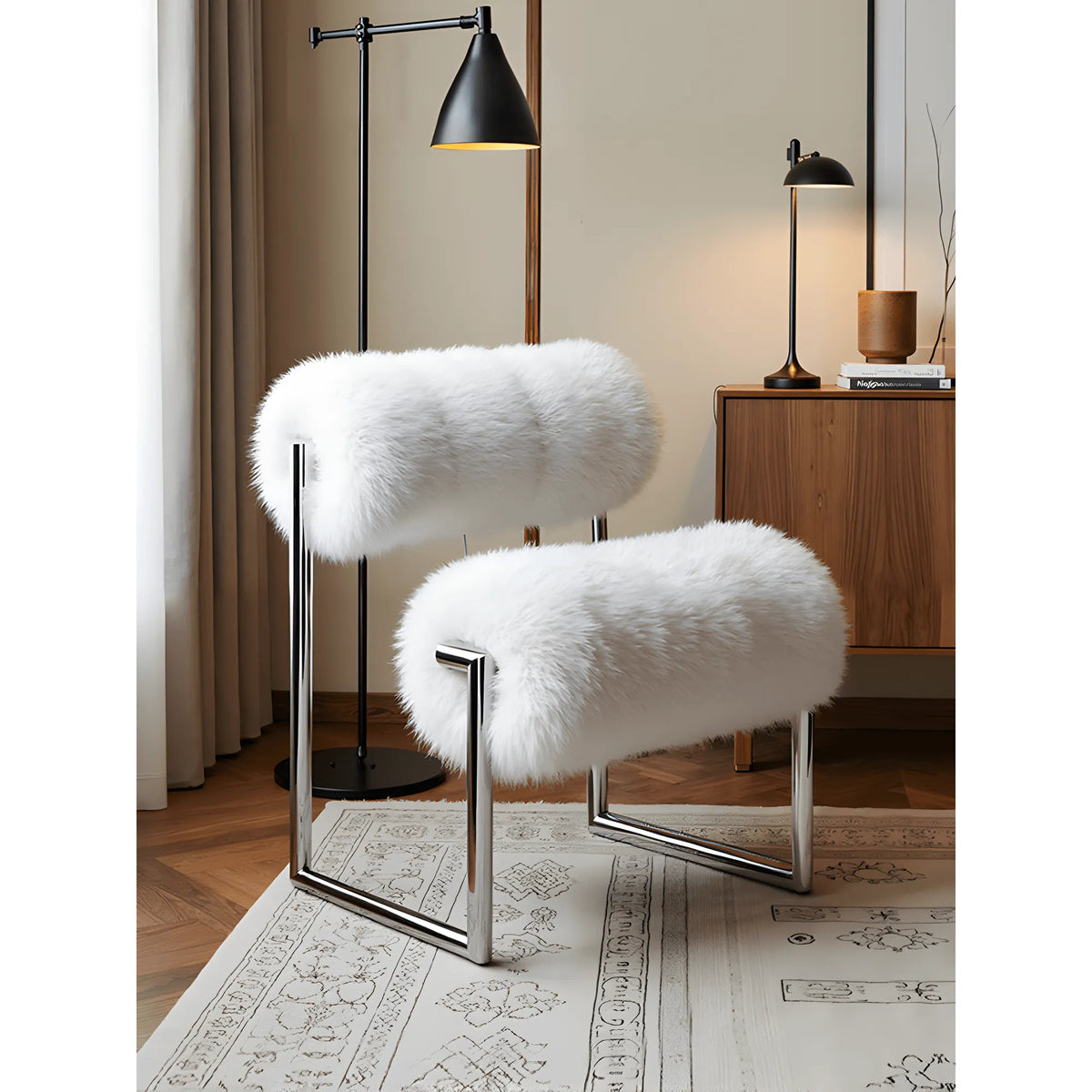 Fluffy White Accent Chair With Sculptural Bolster Form and Steel Frame Main Product Image Main image