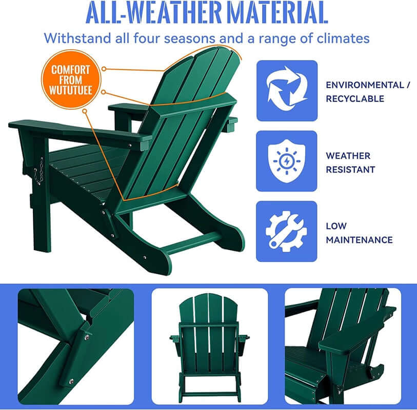 Folding Adirondack Chair, HDPE Material, Dark Green