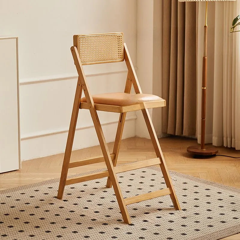 Folding Cane Back Wood Bar Stool Series With Upholstered Seat