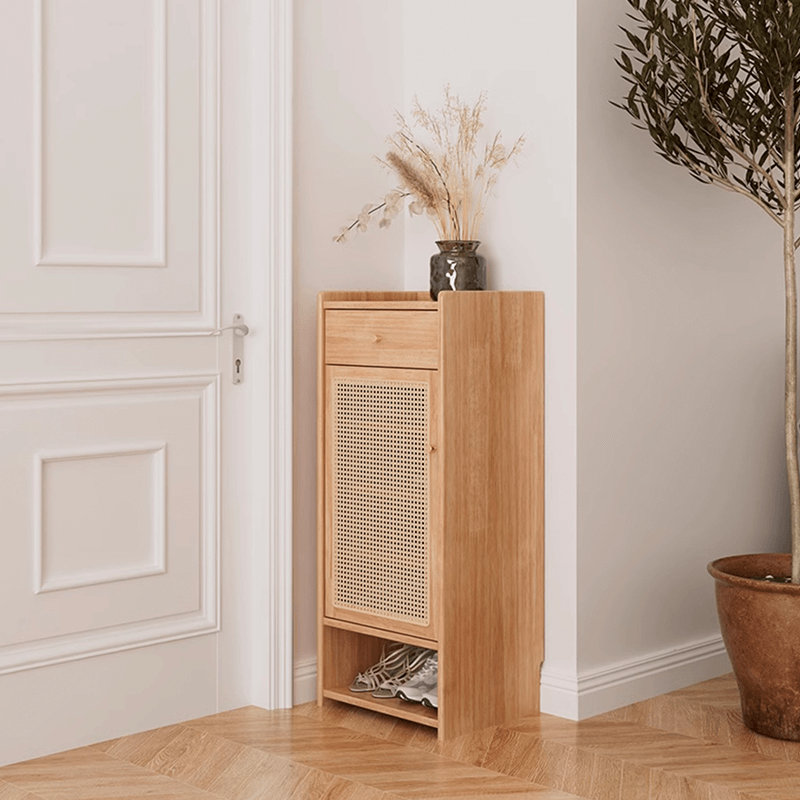 Freestanding Rubber Wood Rattan Shoe Cabinet With Drawers