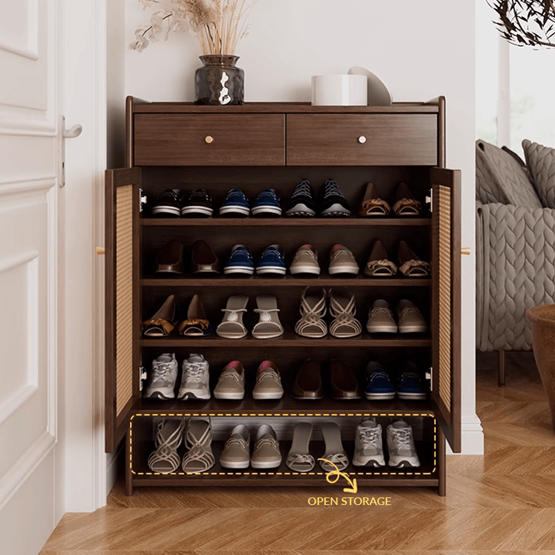 Freestanding Rubber Wood Rattan Shoe Cabinet With Drawers