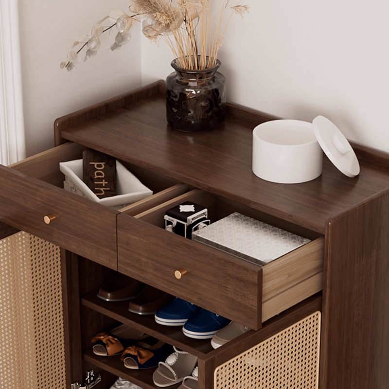 Freestanding Rubber Wood Rattan Shoe Cabinet With Drawers