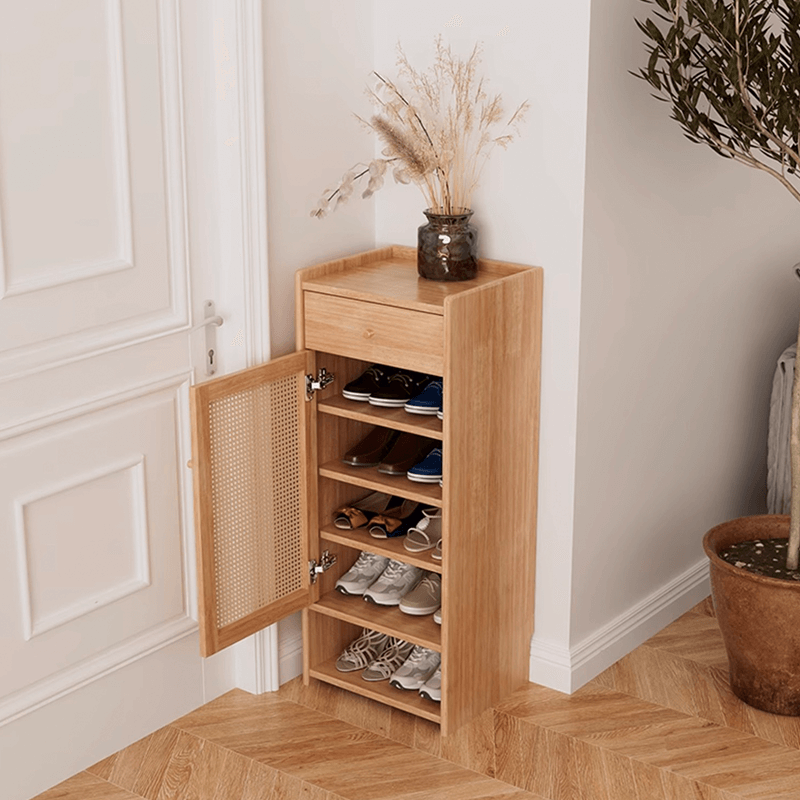 Freestanding Rubber Wood Rattan Shoe Cabinet With Drawers