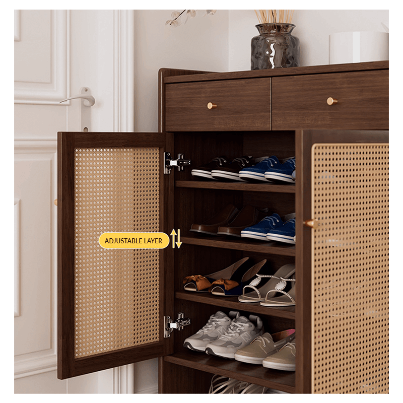 Freestanding Rubber Wood Rattan Shoe Cabinet With Drawers